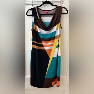 Sunny Leigh Teal and Brown Geometric Midi Dress
